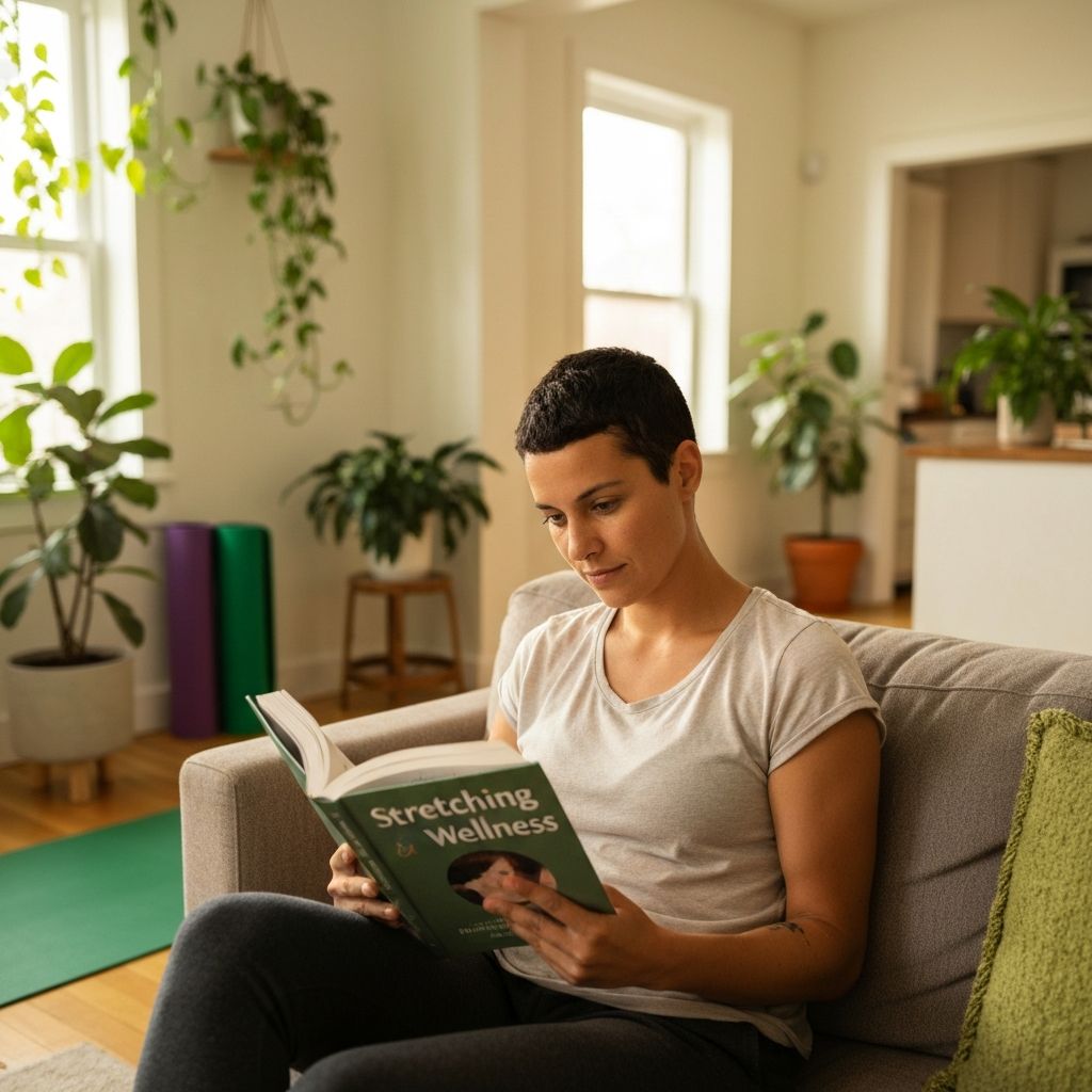Person reading about stretching and wellness